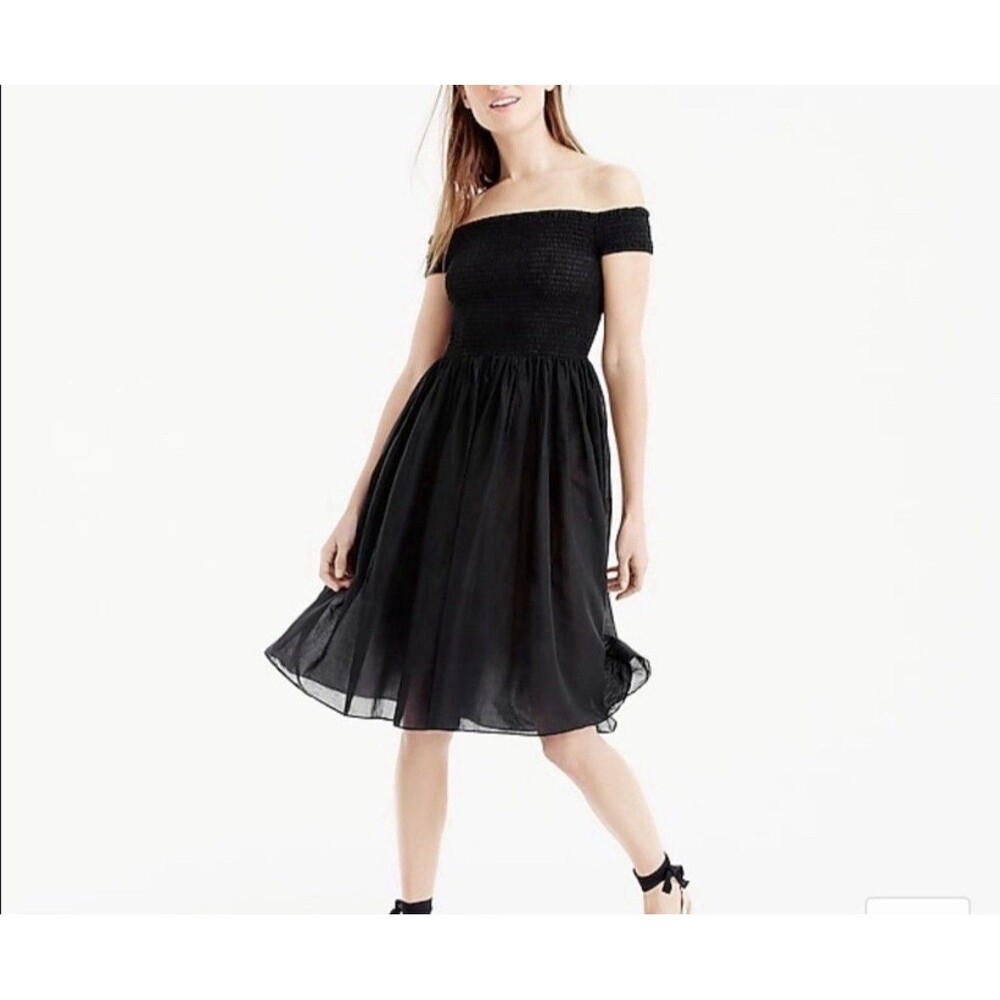 J Crew Black Smocked Bodice Sheer Skirt Off Shoulder Whismigoth Beach Dress S